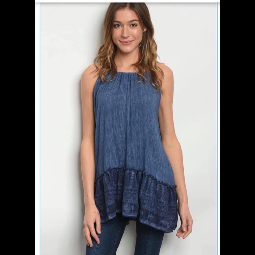 Dark denim blue sleeveless top with lace detail